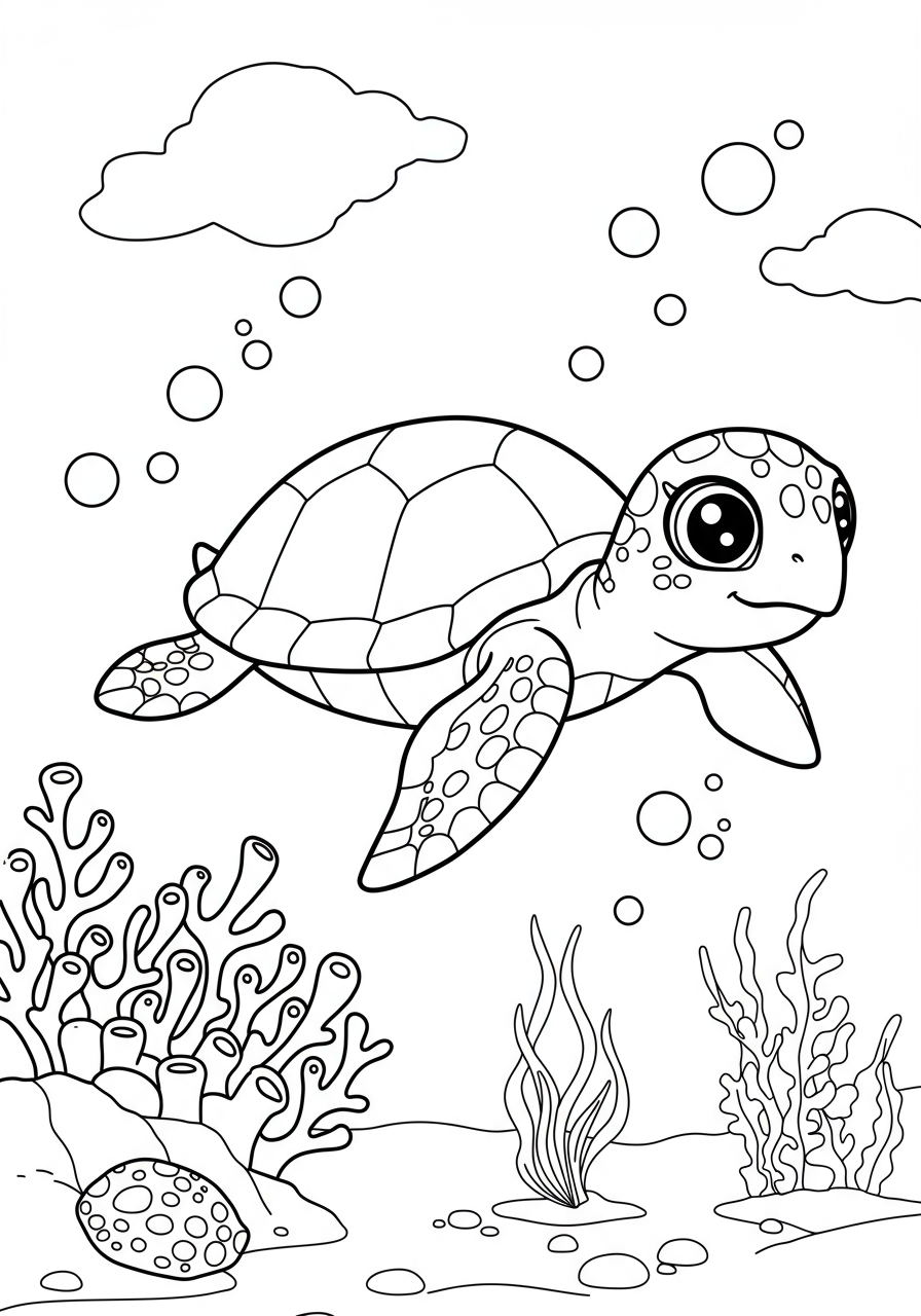Illustration of a gentle sea turtle swimming gracefully among intricate coral formations in the ocean, a free printable coloring page for children.