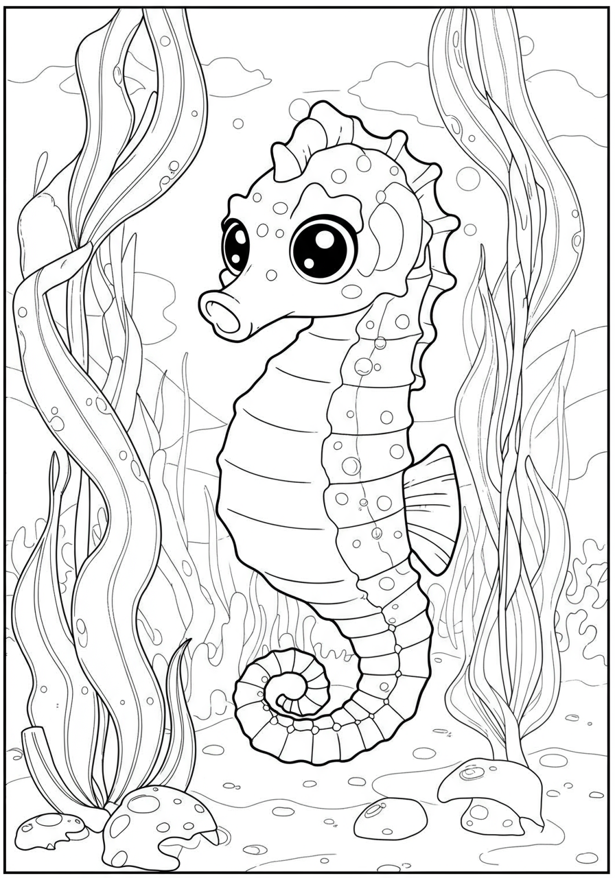 Free printable coloring page featuring an adorable seahorse clinging to kelp in a vibrant kelp forest, perfect for kids.