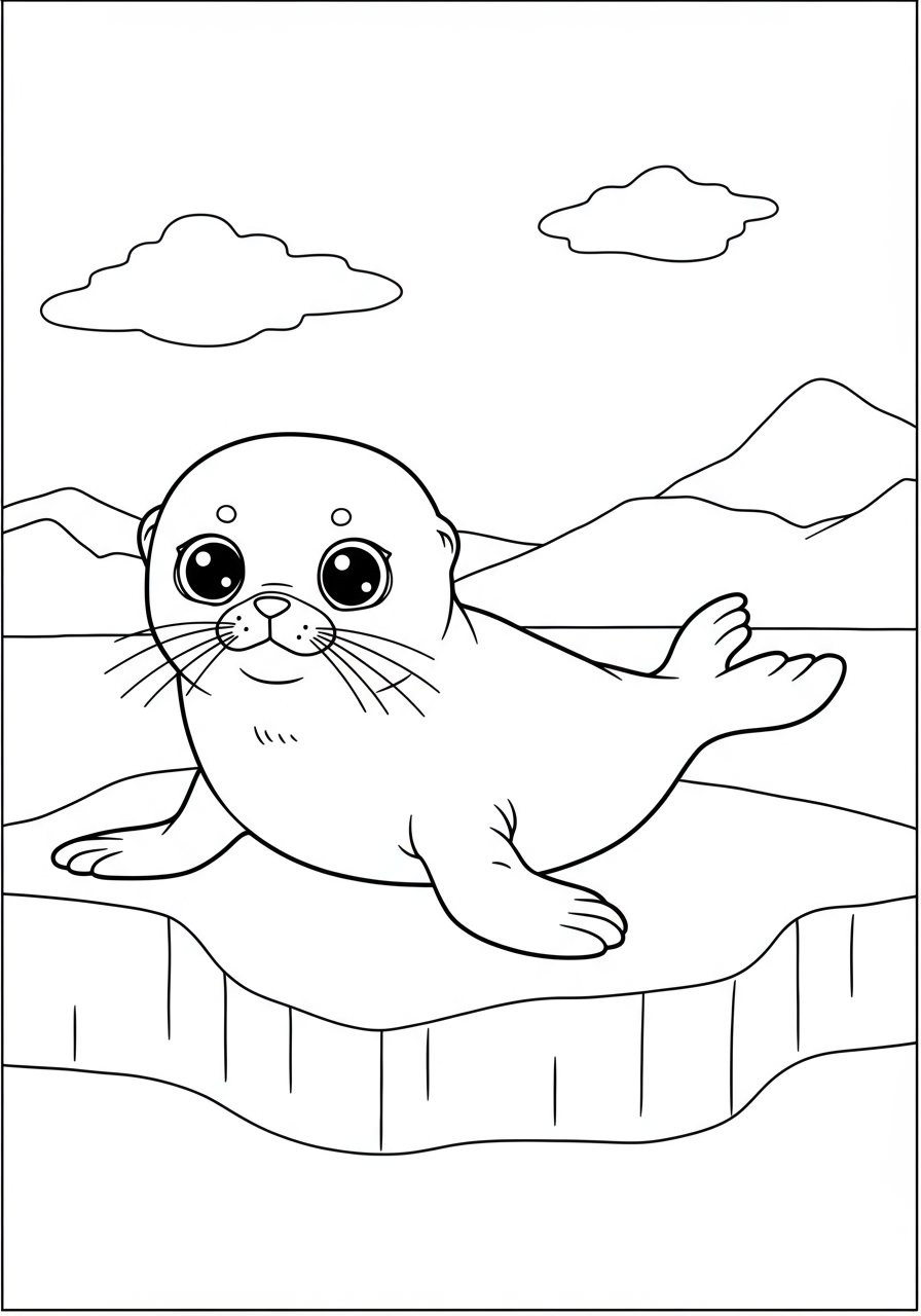 Free printable coloring page featuring an adorable seal pup lying on a large chunk of ice, suitable for kids.