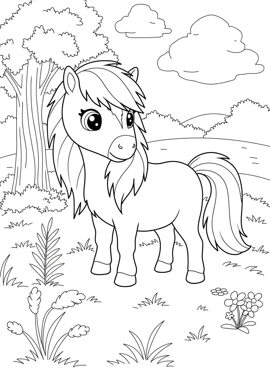 Free printable Shetland Pony Playing Field coloring page featuring a cute pony running and playing happily in a sunny green meadow.