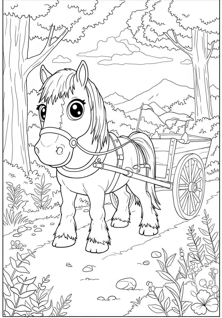 Free printable coloring page featuring a large, majestic Shire horse with feathered legs, pulling a sturdy wooden cart through a field.