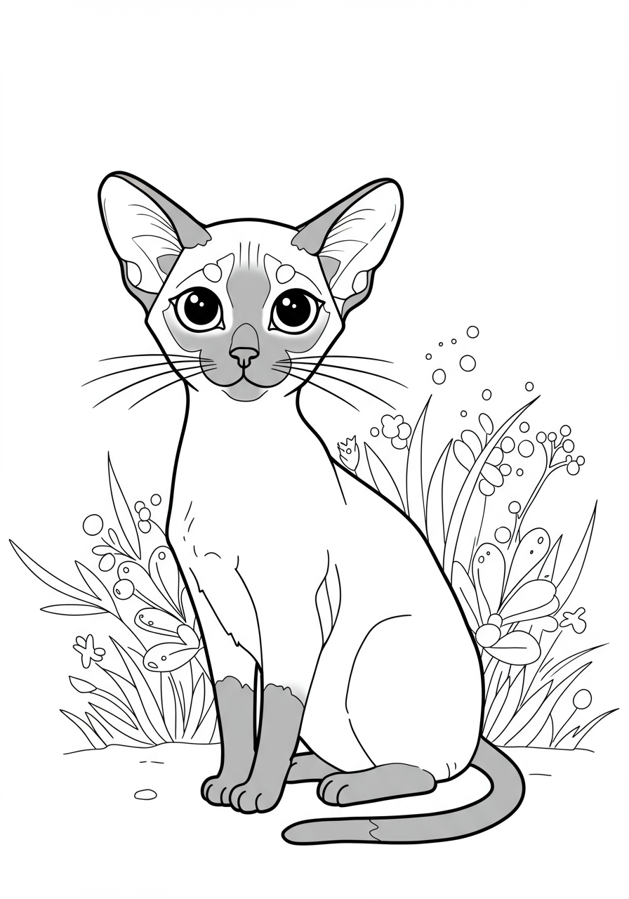Free printable coloring page featuring an elegant Siamese cat in a graceful pose, perfect for kids and cat lovers.