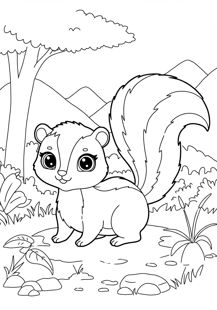 A charming free printable coloring page featuring a cartoon skunk with a distinct striped tail, ready for kids to color.