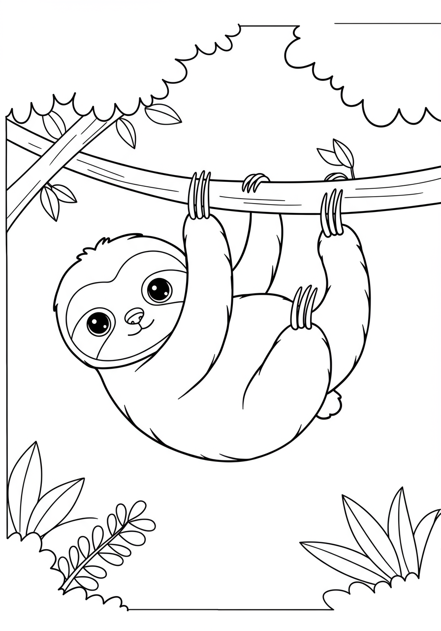 A free printable coloring page featuring a cute, sleepy sloth hanging upside down from a tree branch, designed for easy coloring by kids.
