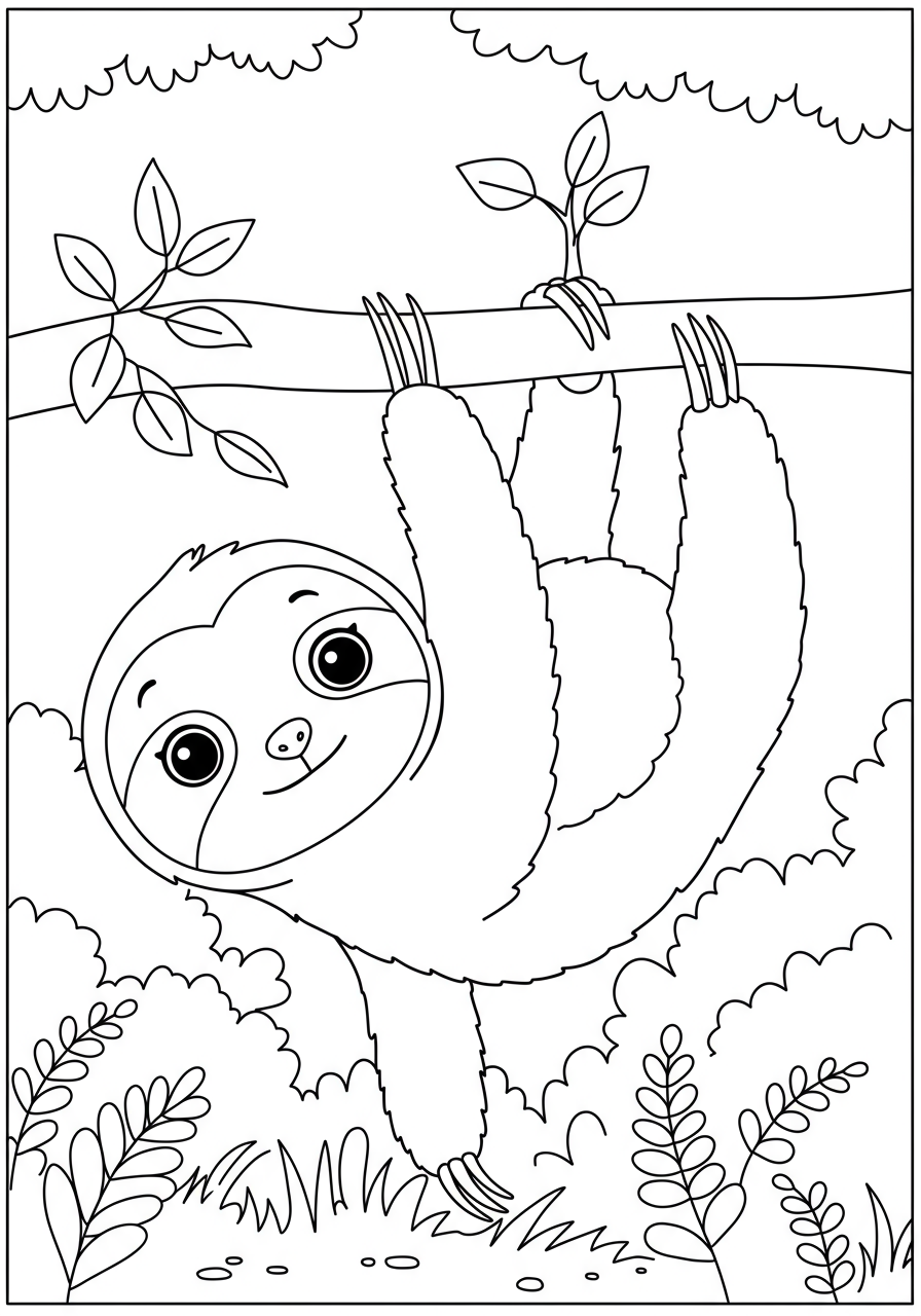 Free printable coloring page featuring a cute sloth hanging upside down from a tree branch with leaves, perfect for kids.
