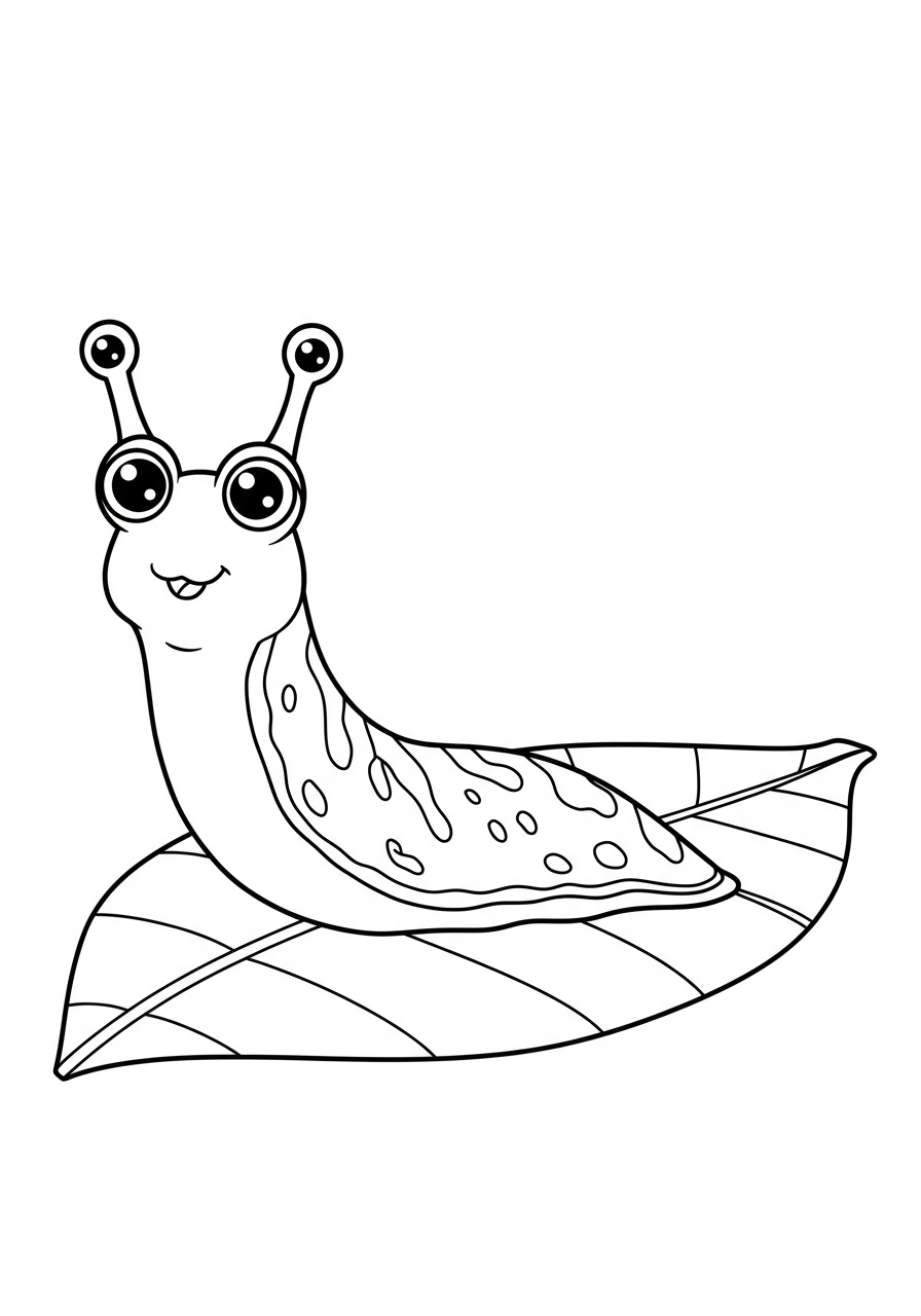 Free printable coloring page featuring a simple line art illustration of a slug slowly crawling across a large green leaf, perfect for kids.