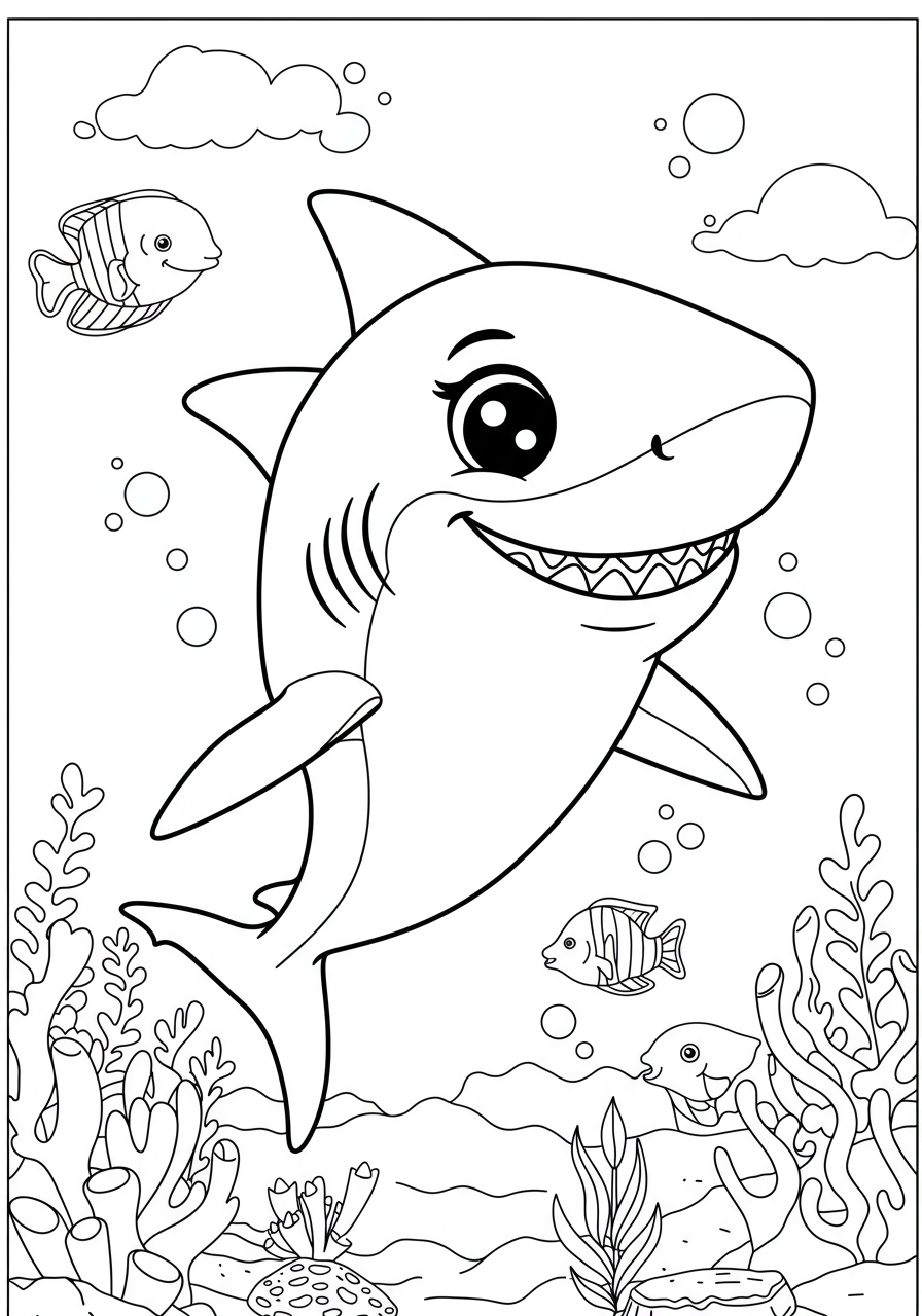 Free printable coloring page: a friendly smiling shark swims in a vibrant ocean reef with colorful fish and coral. Easy for kids.