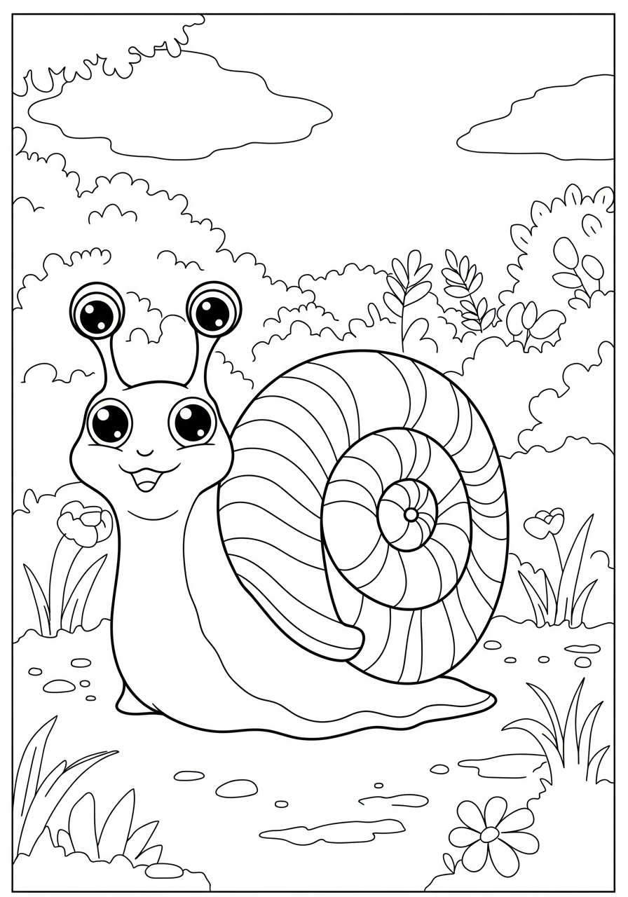 Free printable coloring page of a friendly snail with a prominent, detailed swirly shell, set against a simple background for easy coloring by children.