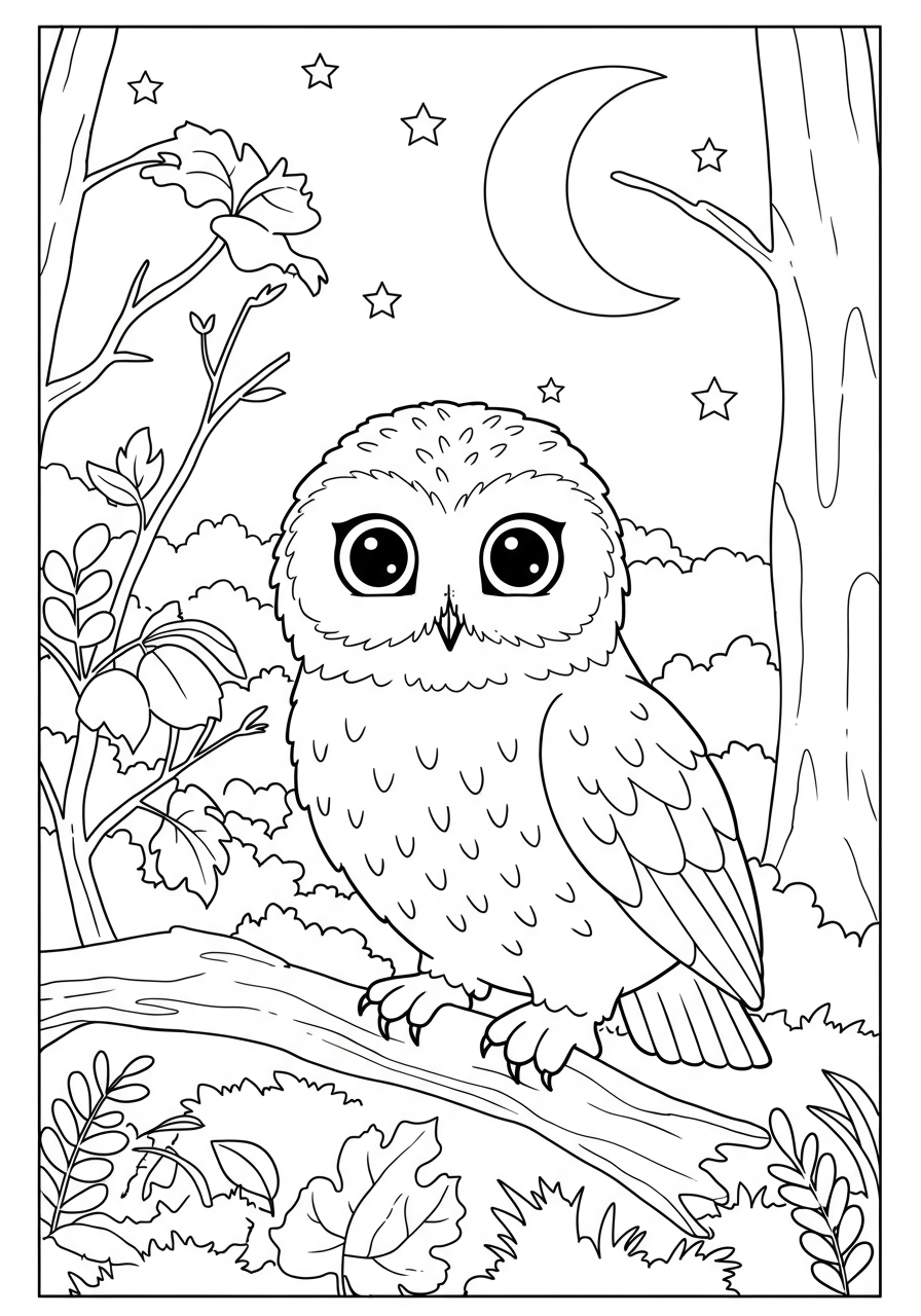 Free printable Snowy Owl Hunting Night coloring page for kids, showing a magnificent white owl with yellow eyes flying under a crescent moon and stars over a snowy landscape.