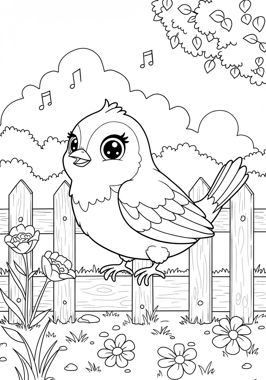 Free printable coloring page featuring a cheerful sparrow singing on a garden fence with simple flowers and leaves, perfect for kids.