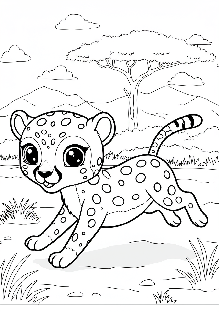 Free printable coloring page featuring a speedy cheetah running across the African savanna with grass and an acacia tree.