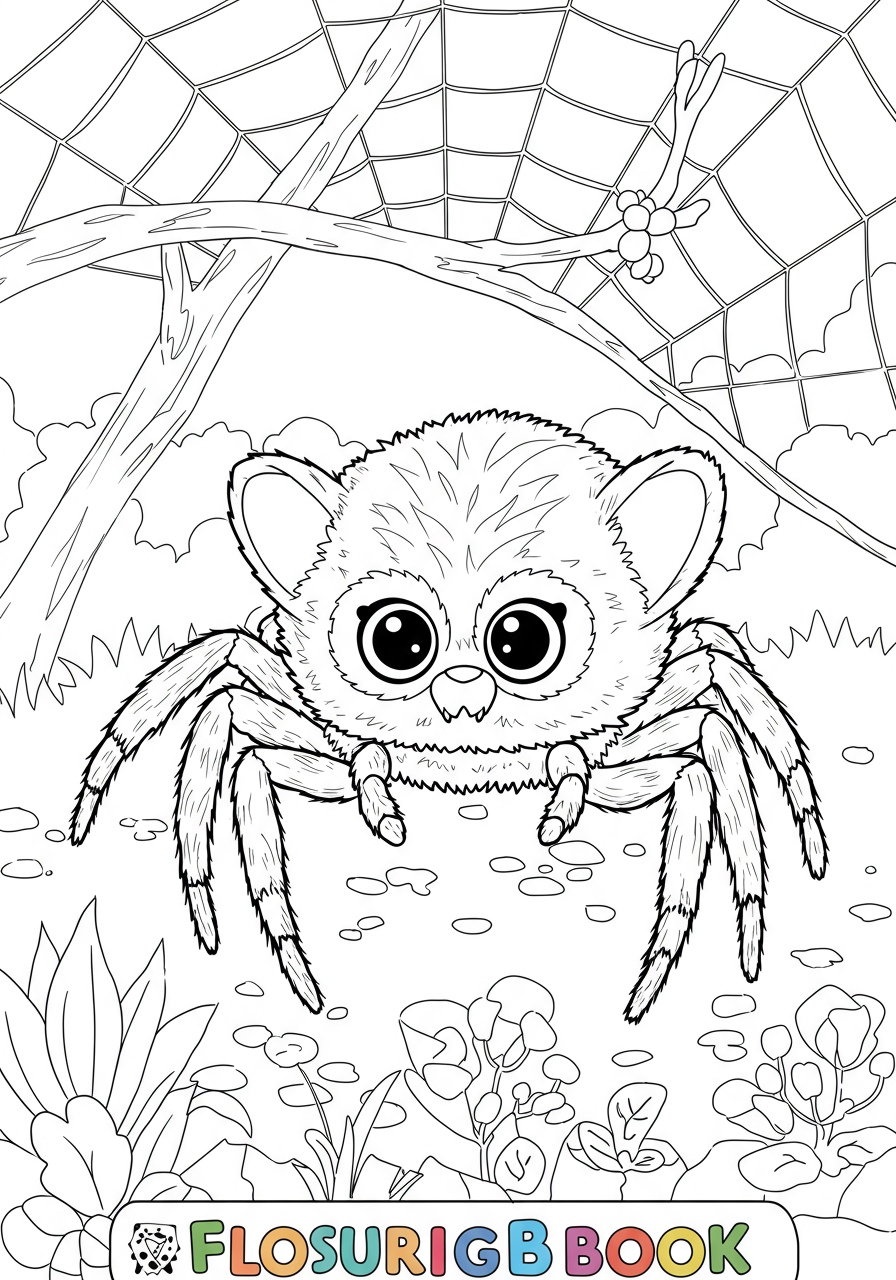 Free printable coloring page featuring a friendly spider meticulously weaving an intricate, beautiful web, perfect for kids.