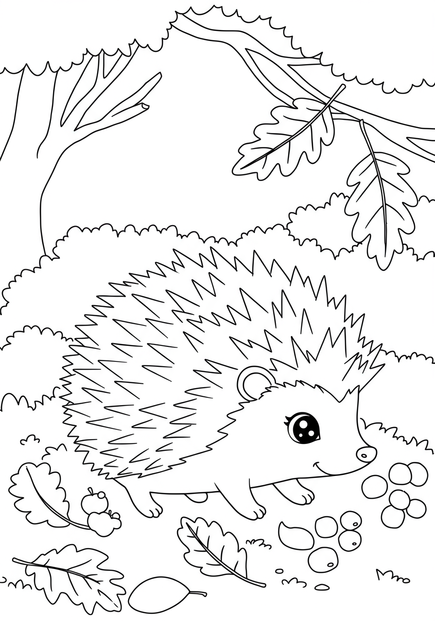 A free printable coloring page depicting a cute spiky hedgehog nestled among various fallen autumn leaves, perfect for young children to color.