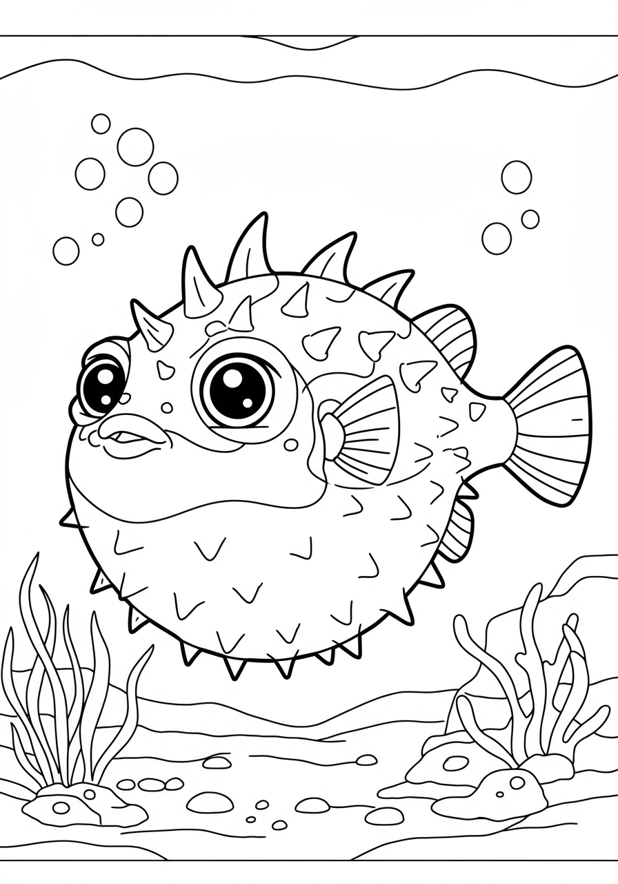 Free printable Spiky Pufferfish Ocean Floor coloring page for kids, showing a friendly pufferfish surrounded by coral, seaweed, and bubbles.
