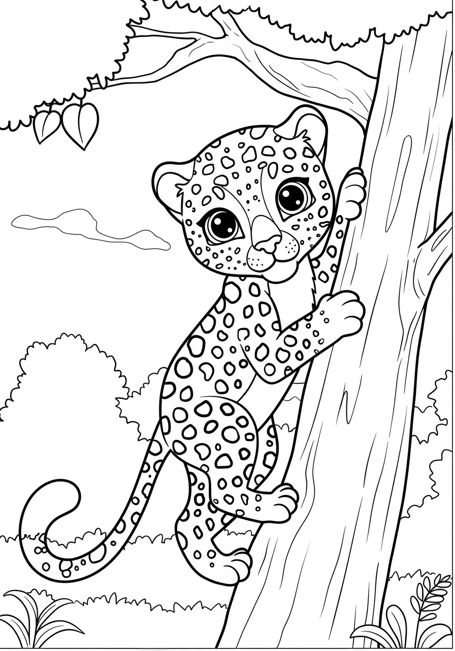 Free printable spotted leopard climbing a tree coloring page for kids, showing the big cat with its distinctive rosettes among tree branches, ready to be colored.