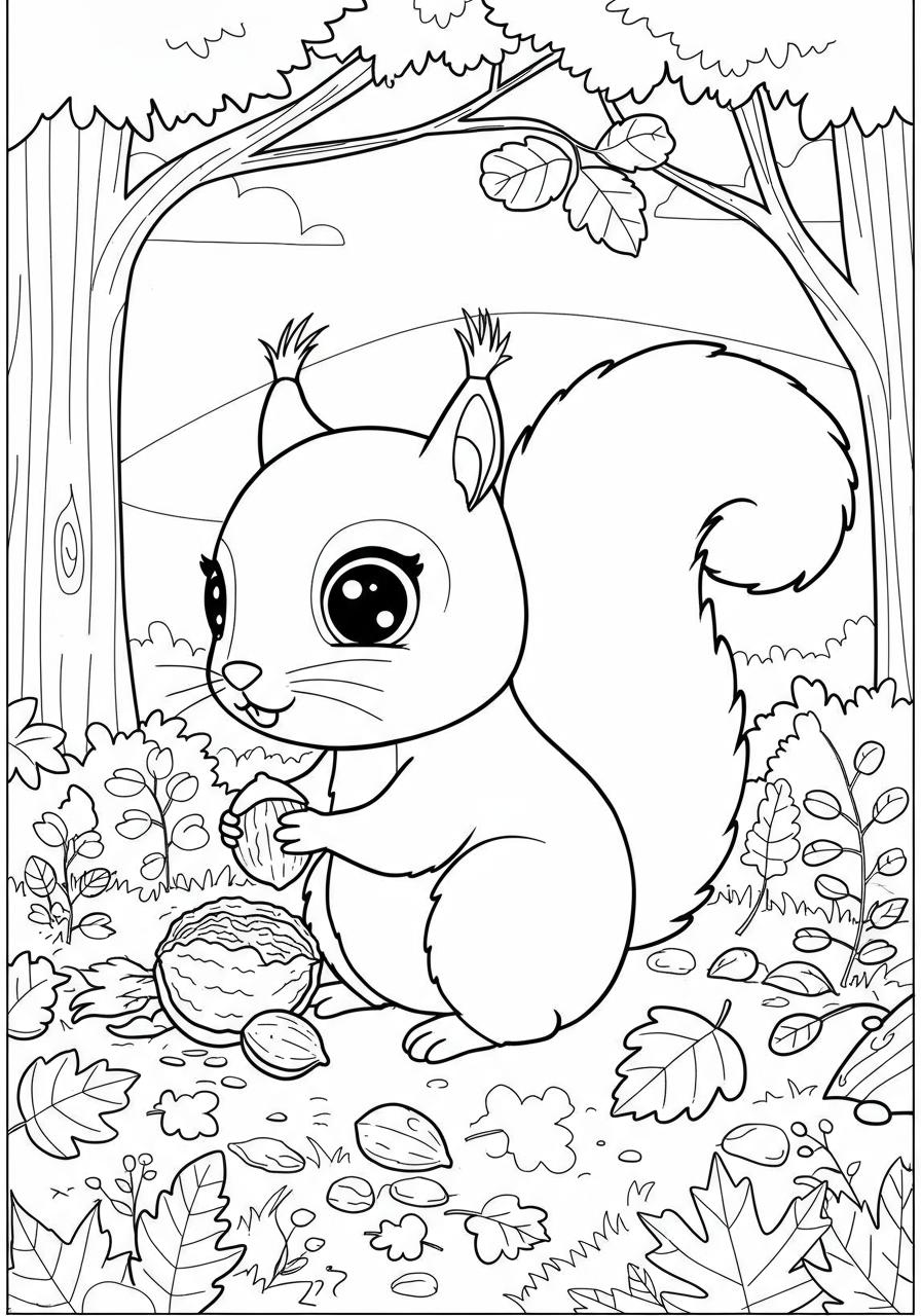 A cute free printable coloring page featuring a squirrel burying nuts in an autumn forest scene, perfect for kids to color.