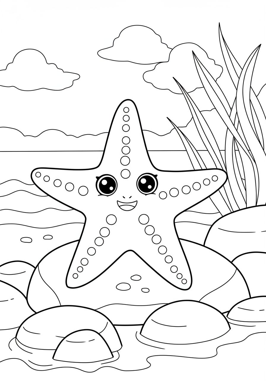 Free printable Starfish on Rocky Shore coloring page for kids, featuring a detailed yet easy-to-color starfish resting on textured rocks with gentle ocean waves in the background.