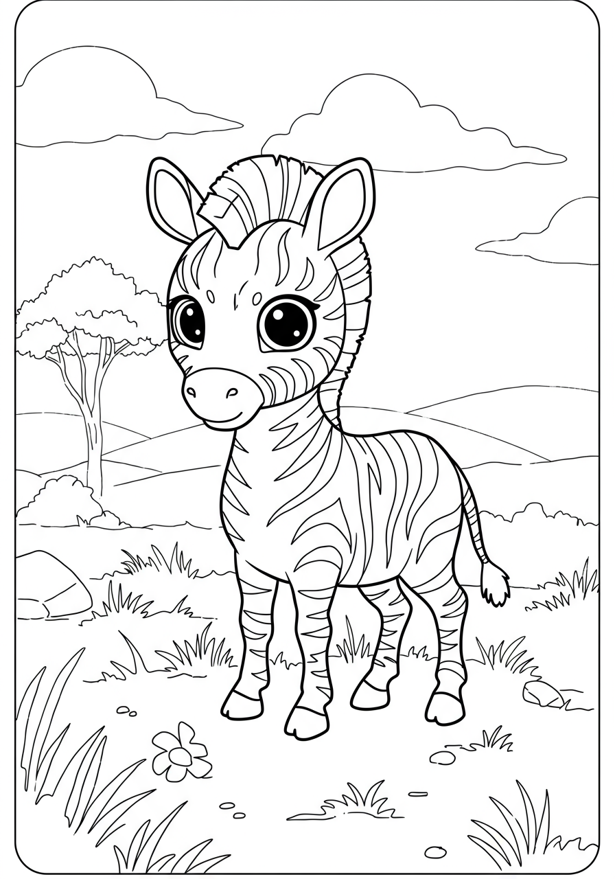A free printable coloring page featuring a striped zebra standing on a dusty plain, ready for kids to color with bold outlines.