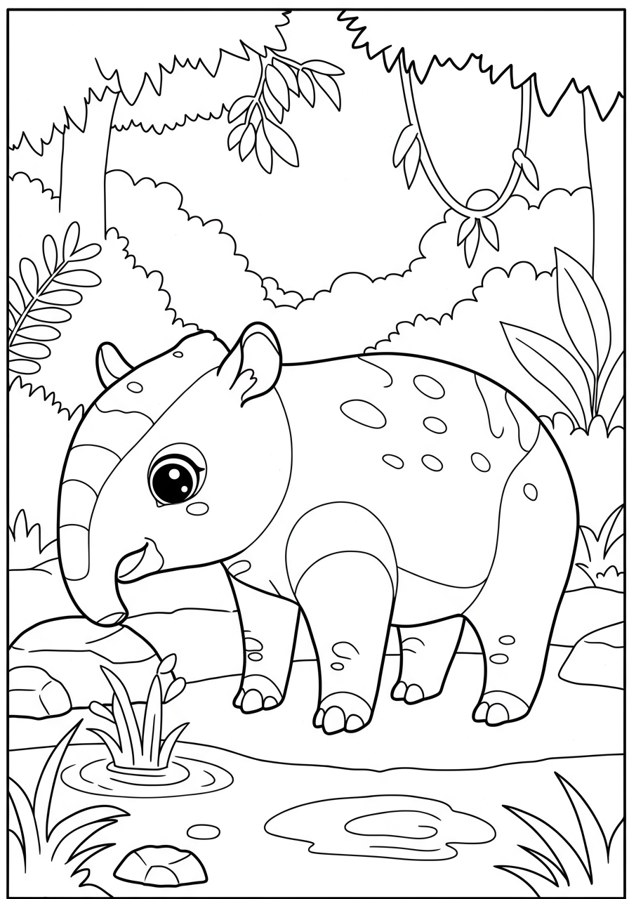 Free printable coloring page featuring an easy-to-color tapir with its long nose (proboscis) drinking water in a lush, green jungle environment, perfect for kids.