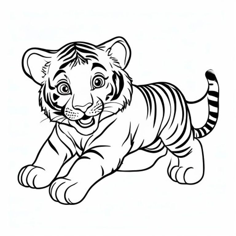 Illustration of an adorable, happy tiger cub pouncing playfully in a simple jungle setting, ready to be colored. Free printable tiger cub romp coloring page for kids.