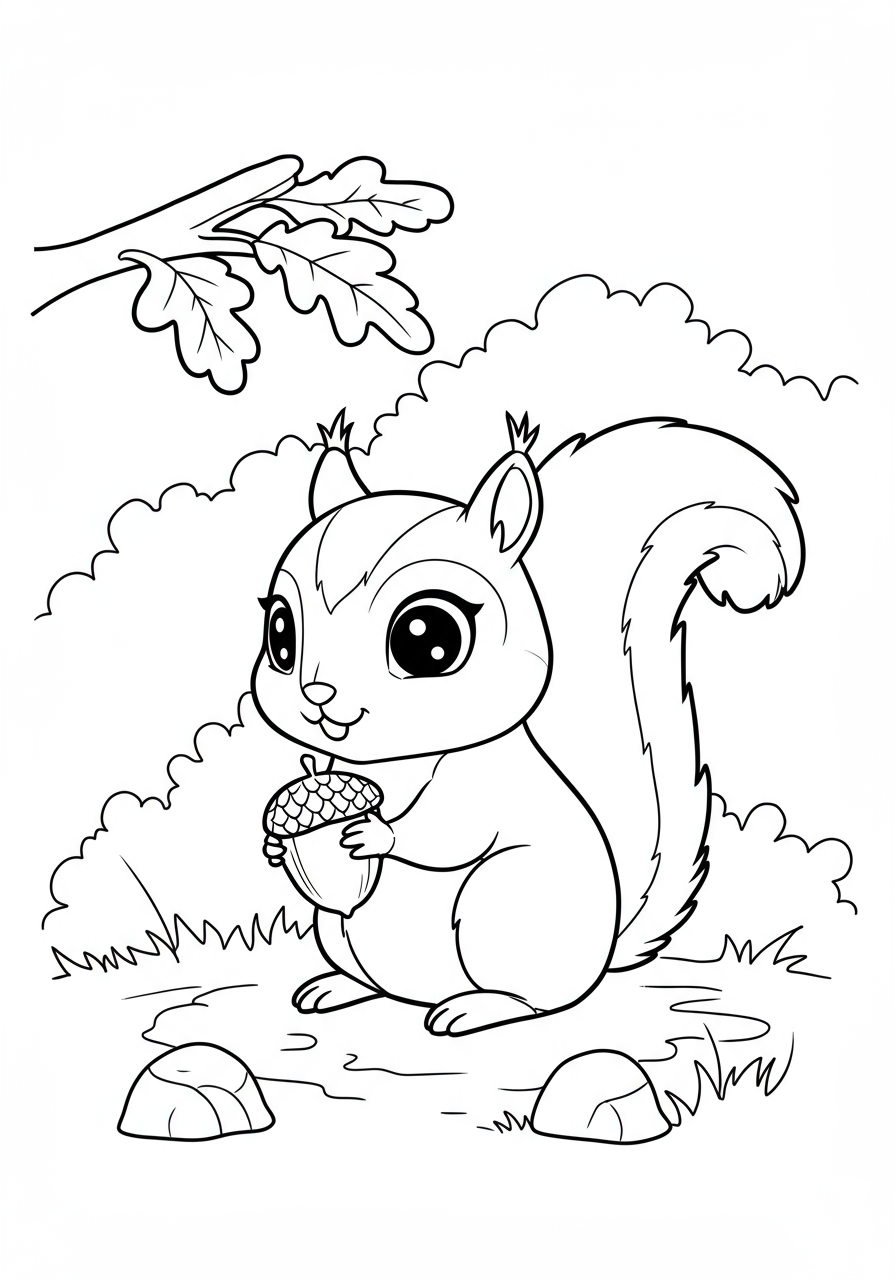 Free printable coloring page featuring an adorable tiny squirrel holding and eating a large acorn. Perfect for kids to color.