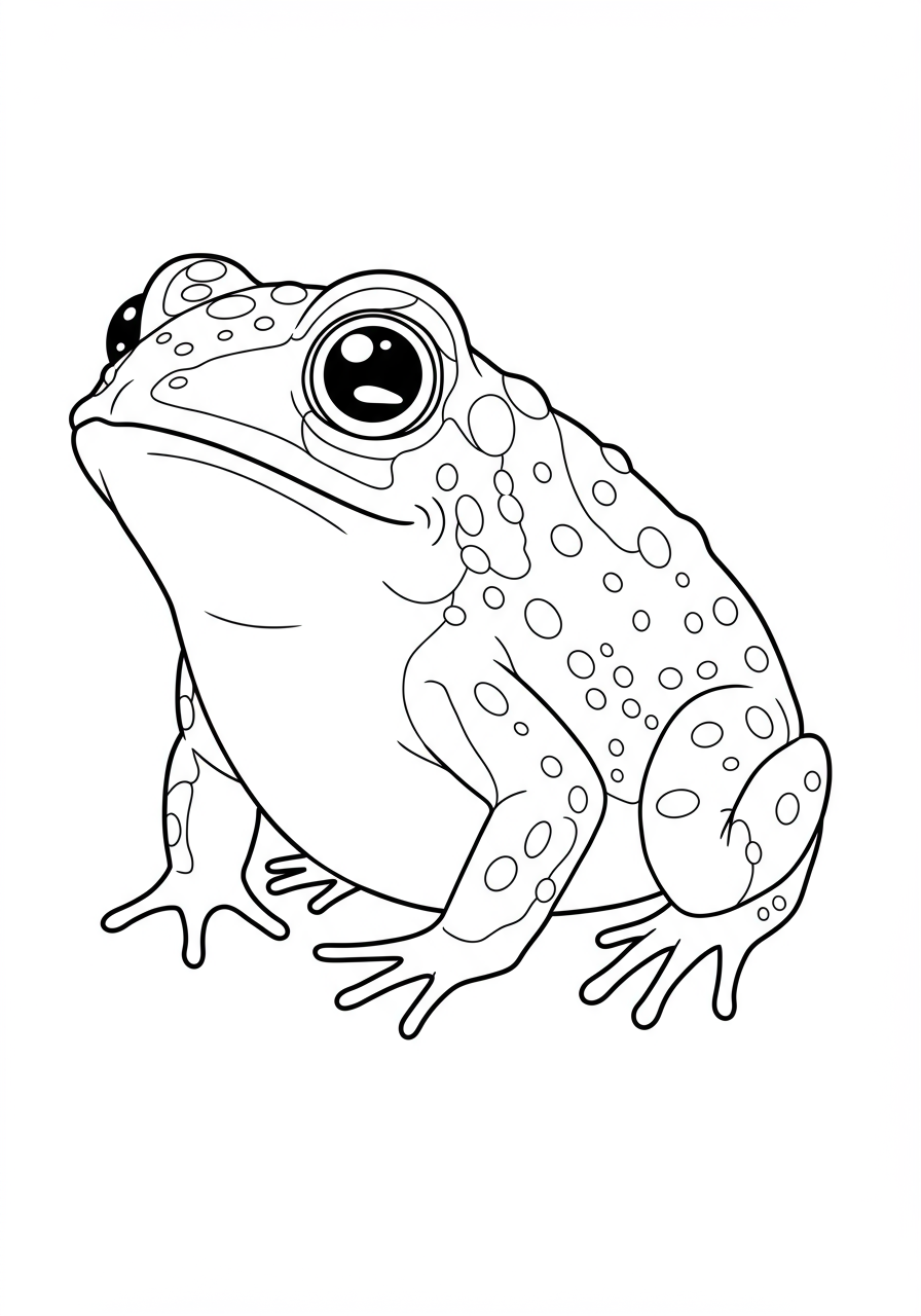 A free printable easy coloring page featuring a friendly toad with warty skin sitting on a lily pad, ready for kids to color.