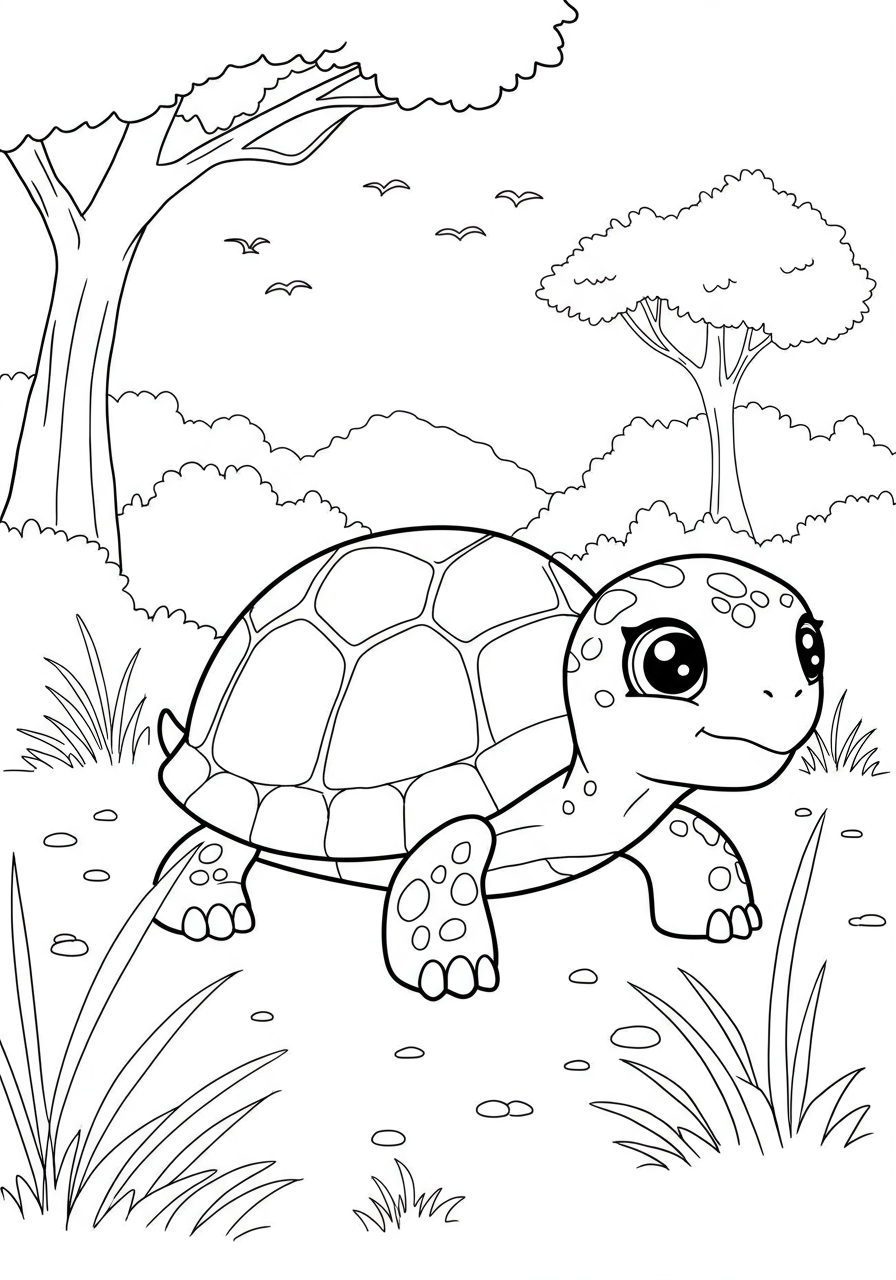 Free printable coloring page featuring a happy tortoise on a slow and steady journey through a simple landscape, perfect for kids to color.