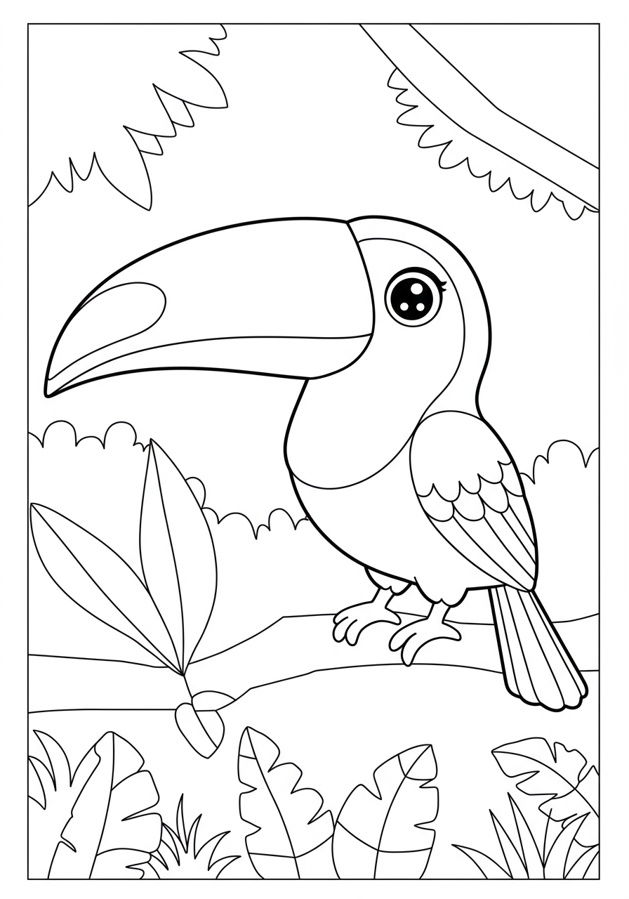 An outline of a friendly toucan with a large, detailed beak, ready for coloring. This free printable toucan coloring page is perfect for young artists.