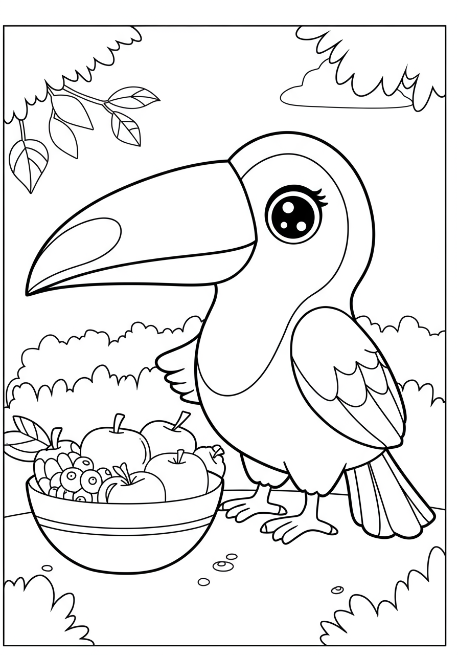 Free printable Toucan with Fruit Bowl coloring page for kids, featuring an easy design of a toucan next to a bowl of tropical fruits, perfect for young artists.