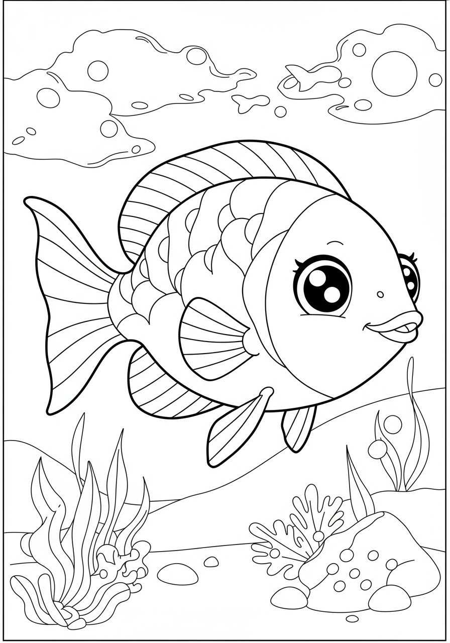 Free printable coloring page featuring an easy design of vibrant tropical fish swimming happily in an underwater scene with bubbles and coral.