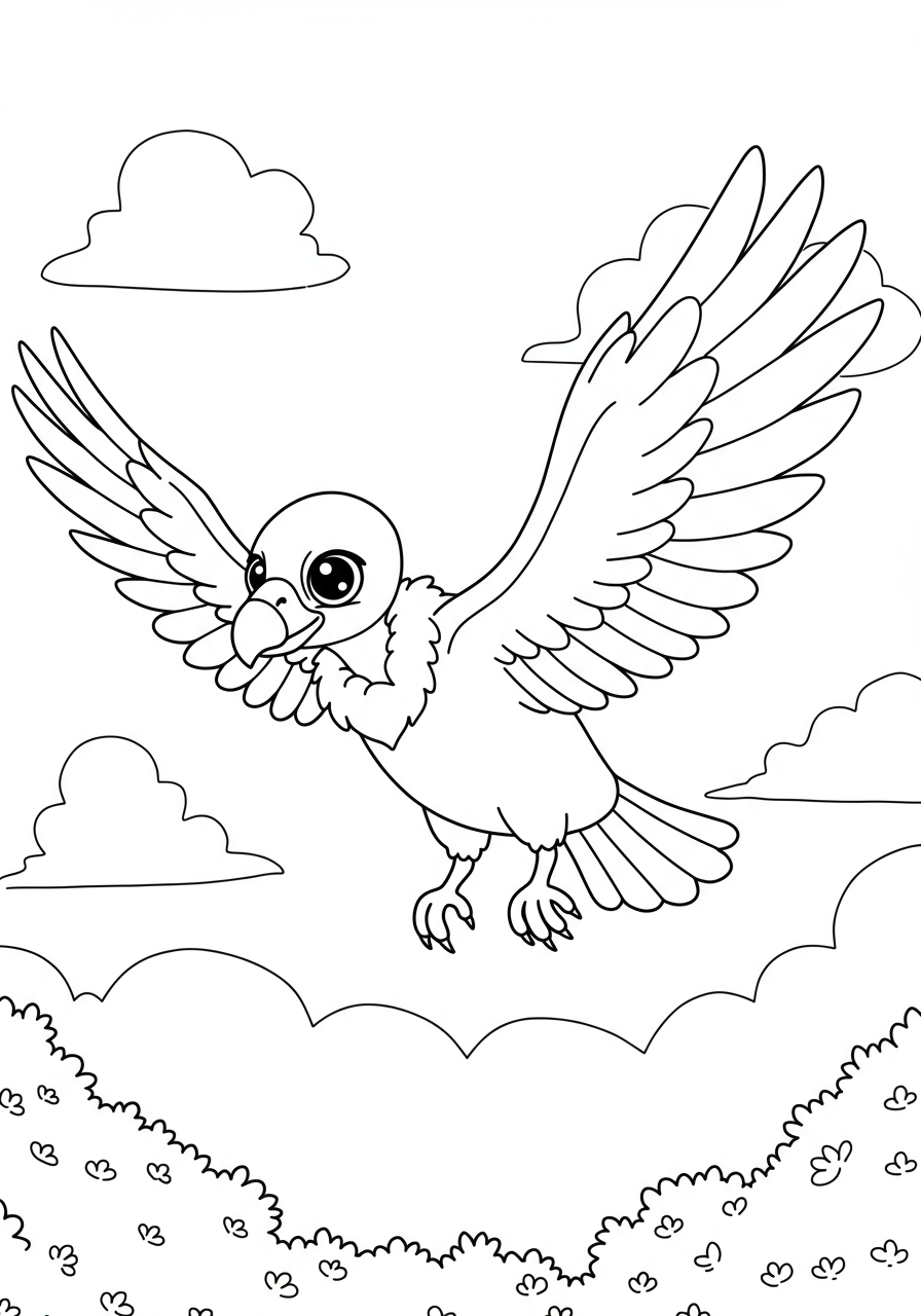 Free printable Vulture Soaring High Sky coloring page for kids, featuring a majestic vulture gliding through clouds with simple outlines.