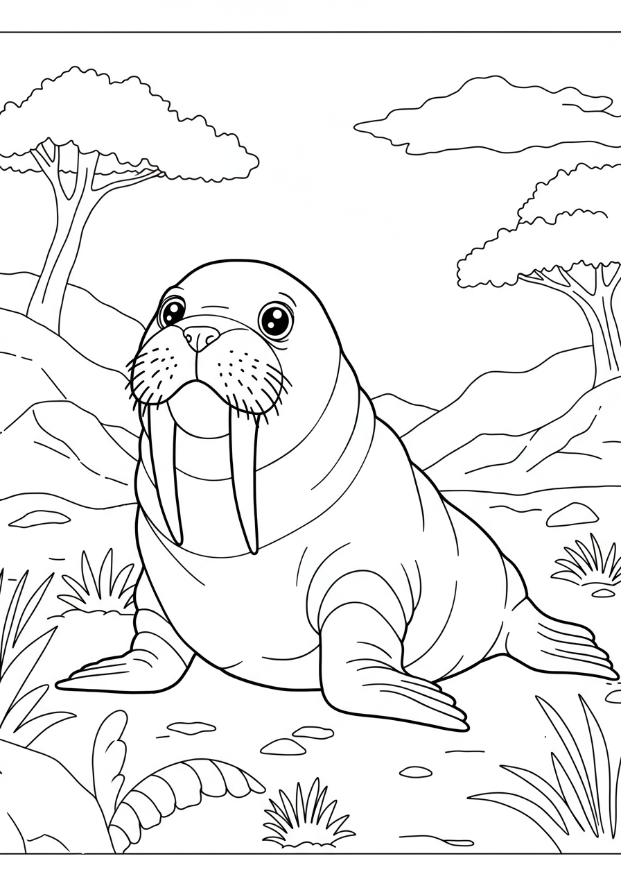 Free printable walrus with long tusks coloring page for kids, featuring a friendly arctic animal illustration.