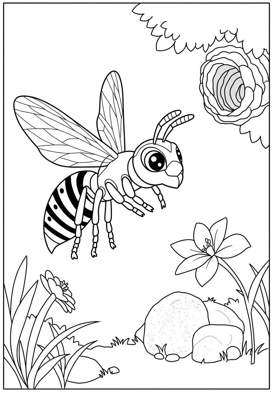 Free printable Wasp Flying Near Nest coloring page for kids, showing a friendly wasp near its paper-like nest.