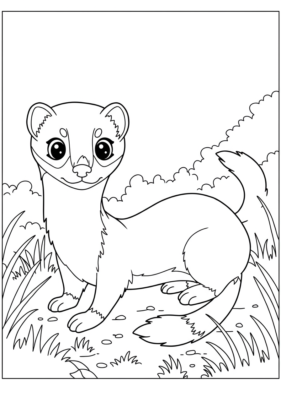 Free printable Weasel Slinking Through Grass coloring page for kids, showing a small weasel moving stealthily through tall blades of grass.