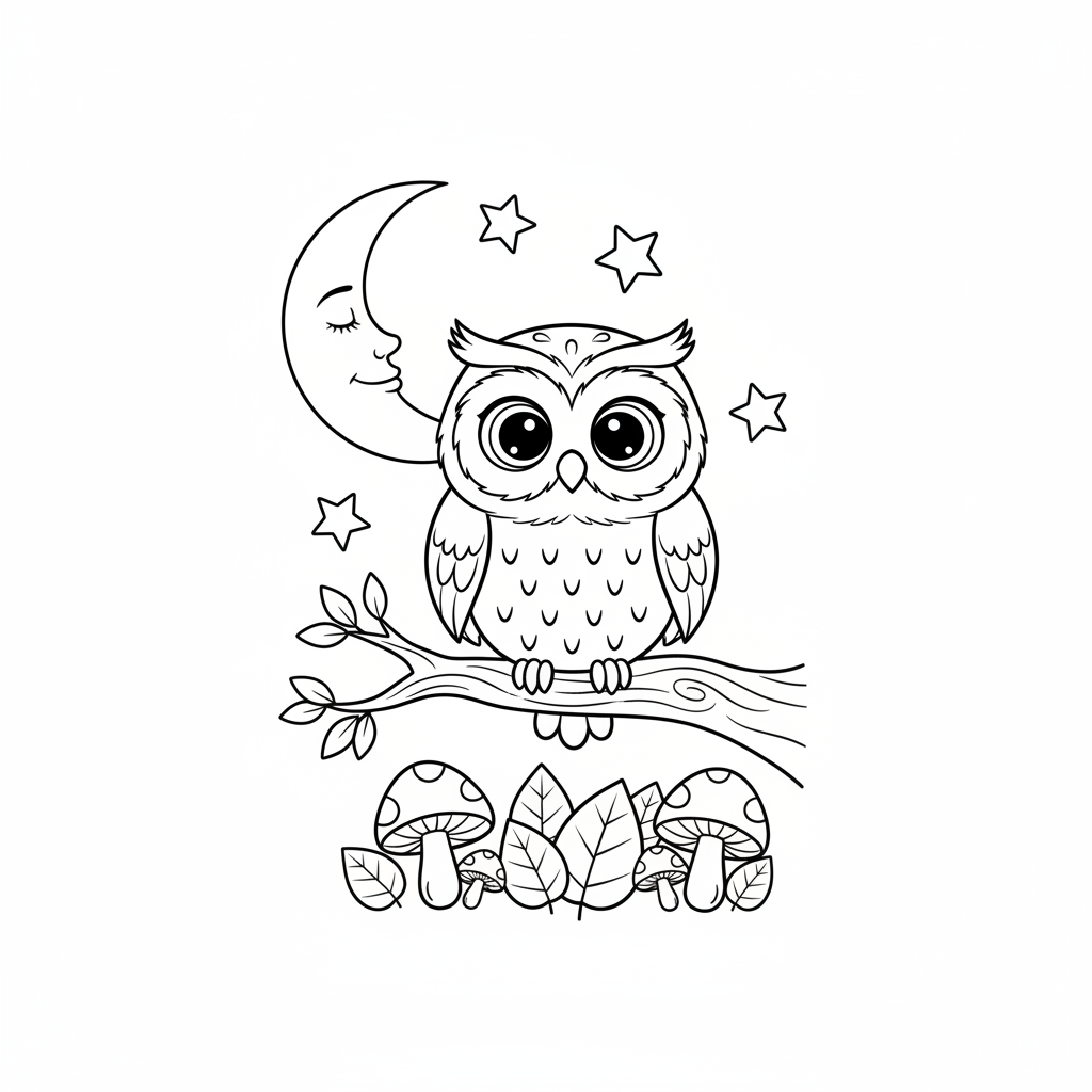 A free printable coloring page featuring a whimsical cartoon owl perched on a tree branch under a full moon and twinkling stars in a serene, moonlit forest scene, designed for easy coloring.