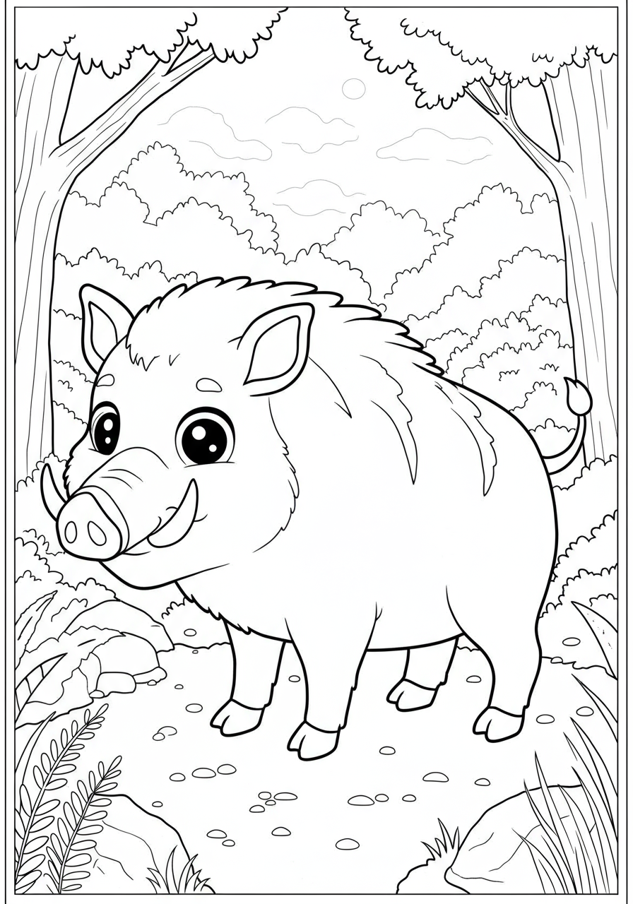 Free printable coloring page featuring a happy wild boar rolling in a muddy forest puddle, surrounded by trees and leaves, perfect for kids.