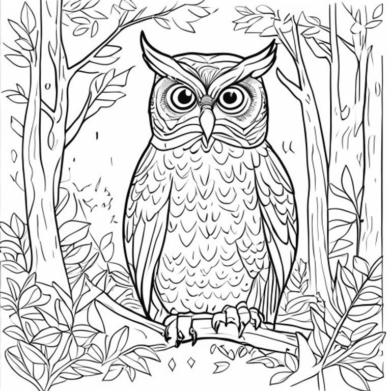 A free printable coloring page showing a wise owl perched on a branch in a magical forest at night, with a crescent moon and twinkling stars, designed for easy coloring by kids.