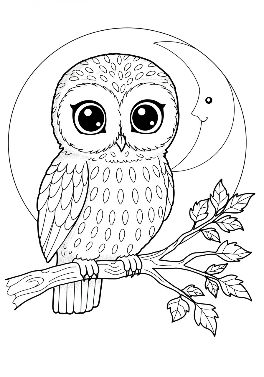 Free printable coloring page featuring a wise owl with big eyes perched on a tree branch under a crescent moon, designed for kids.