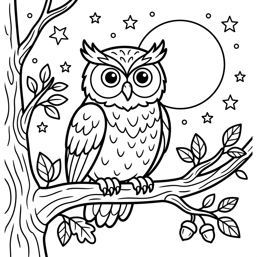 A free printable coloring page depicting a wise owl perched on a sturdy branch under a crescent moon and twinkling stars in a serene night sky, perfect for kids to color.