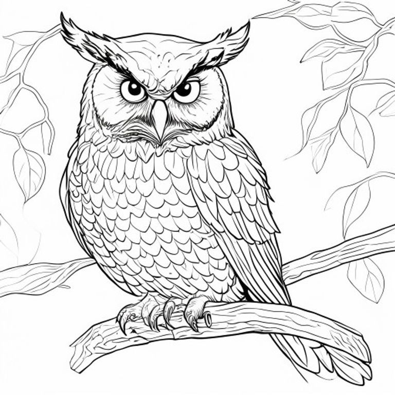 A free printable coloring page featuring a wise owl with large, thoughtful eyes sitting calmly on a sturdy tree branch, perfect for kids.