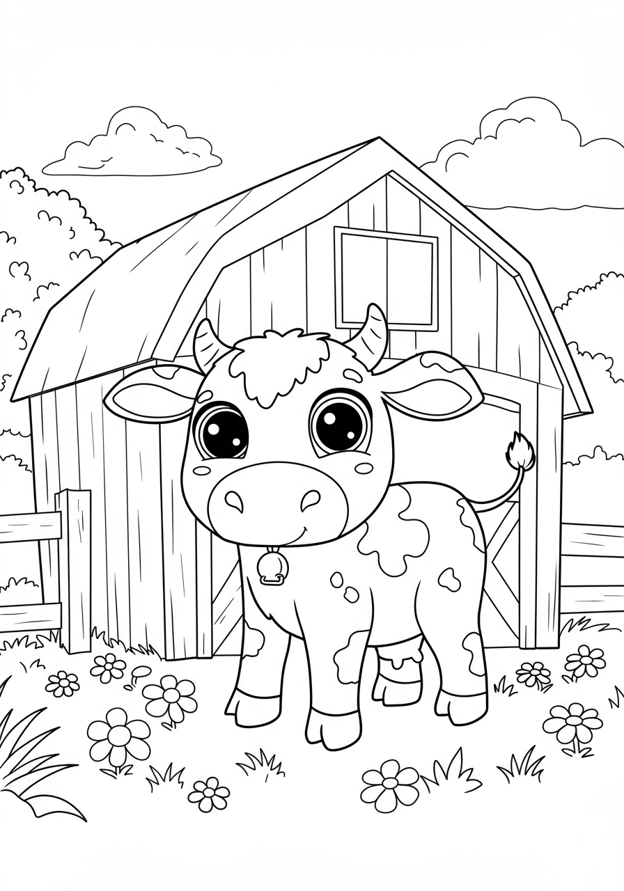 Free printable coloring page featuring a cute wobbly calf standing in front of a traditional red barn on a farm, perfect for kids.