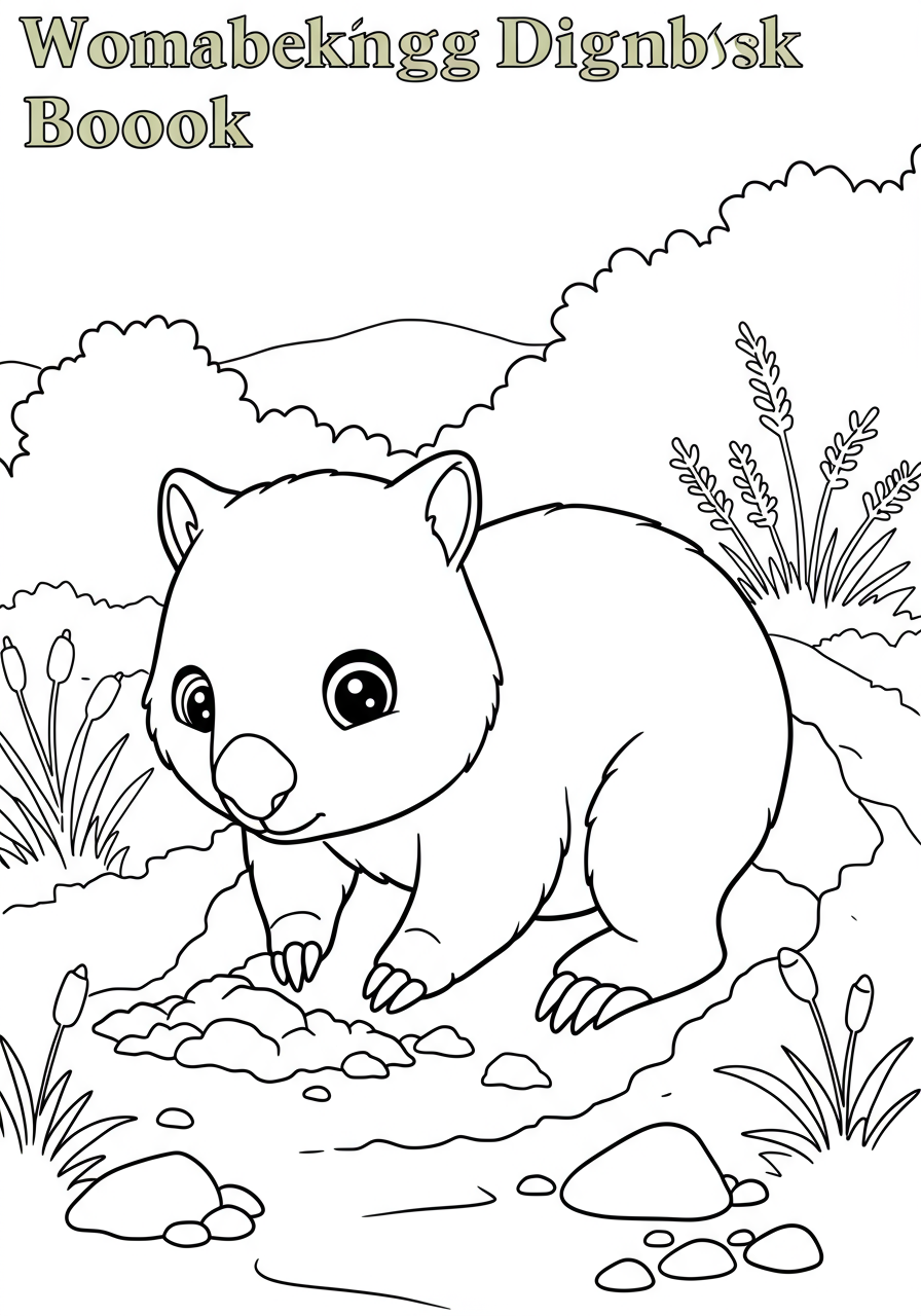 Free printable coloring page depicting a cute wombat with strong claws digging an earthy burrow, surrounded by piles of dirt, perfect for kids.