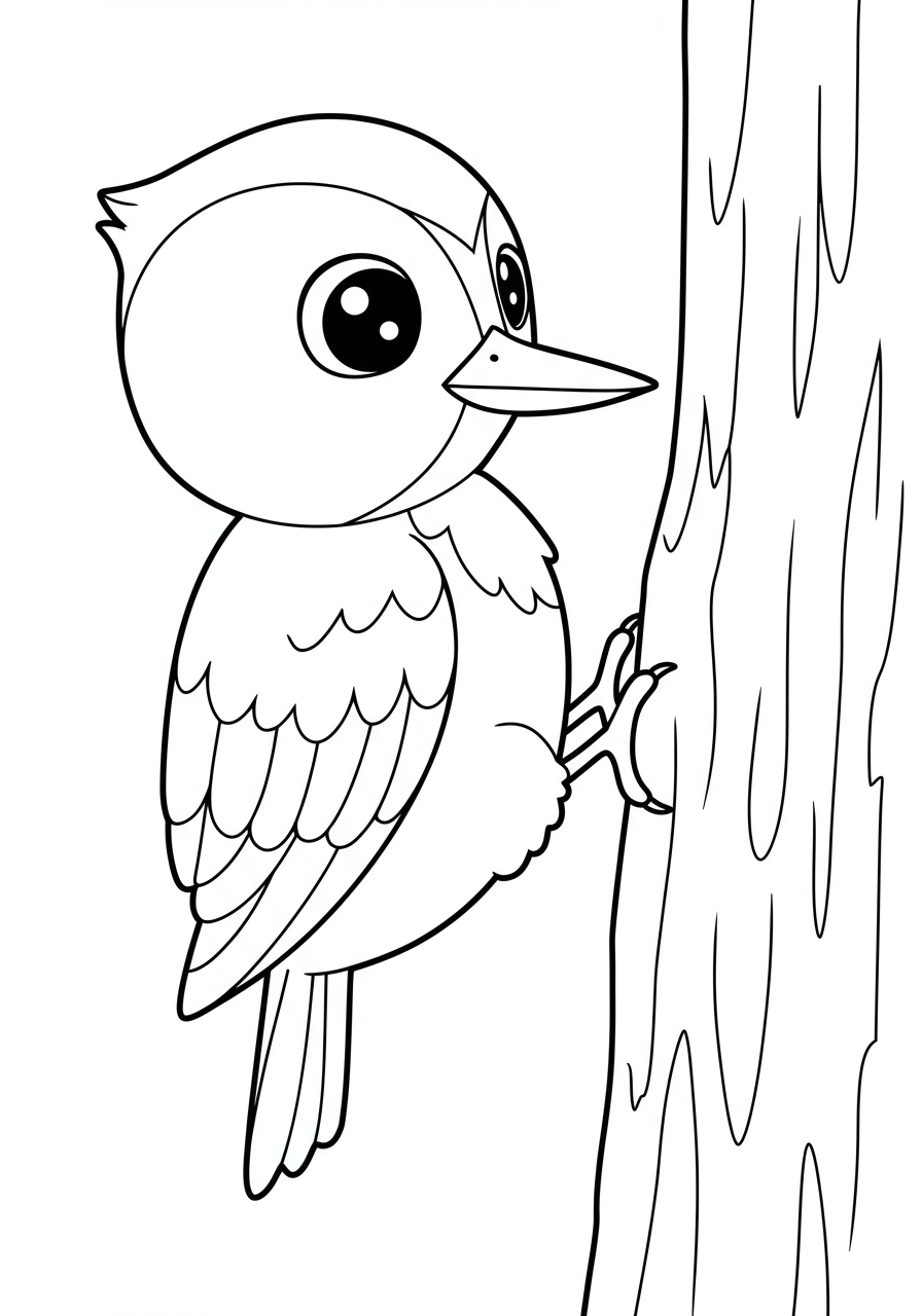 A free printable coloring page featuring a cheerful cartoon woodpecker with a red crest, actively pecking a textured tree trunk with simple forest elements in the background, suitable for kids.