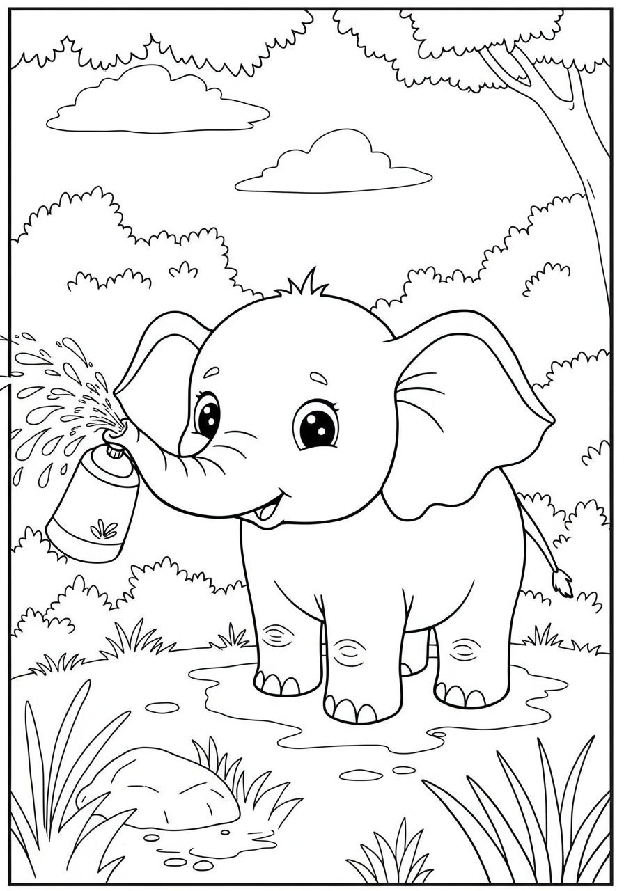 An outline image of a cute free printable young elephant spraying water from its trunk, suitable for a kids' coloring page.