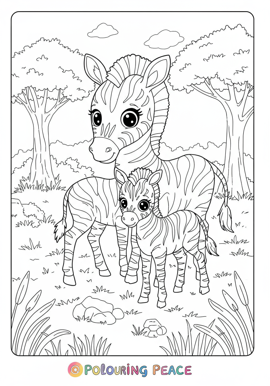 A free printable coloring page depicting a peaceful zebra family, including an adult and a baby zebra, grazing in a savanna landscape.