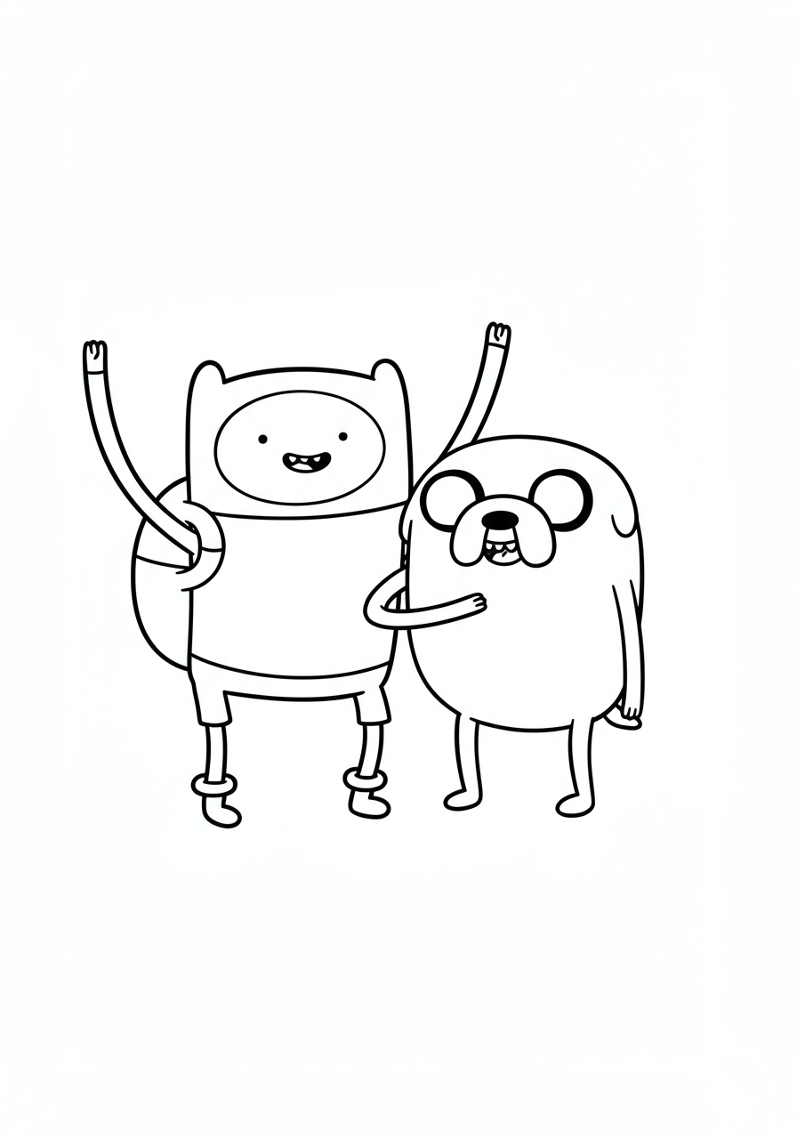 Free printable Adventure Time Finn and Jake cartoon characters coloring page for kids, showing Finn the human and Jake the dog ready for adventure.