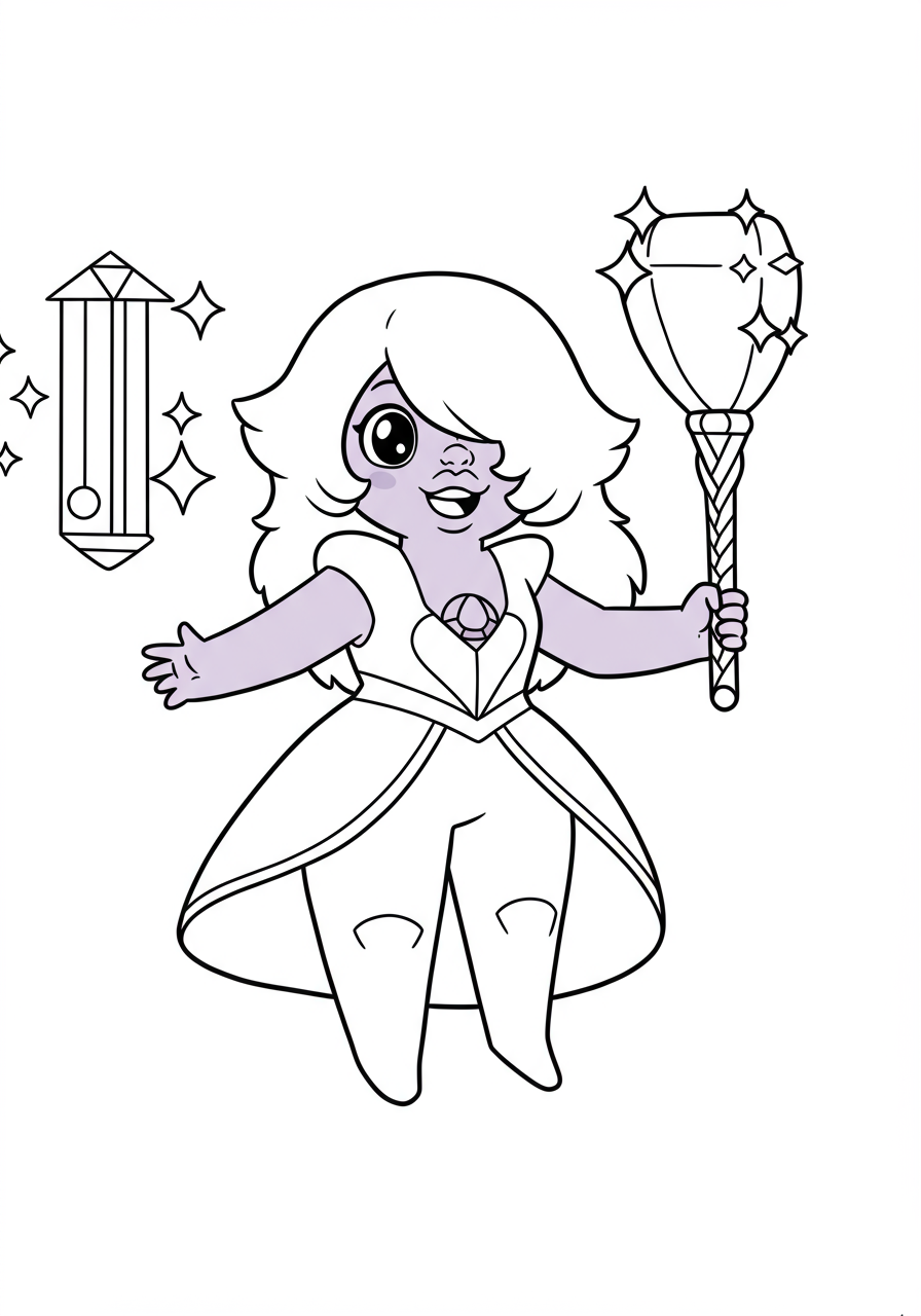 Free printable Amethyst playful shapeshifter cartoon character coloring page for kids, easy difficulty, featuring a fun pose and bold lines.