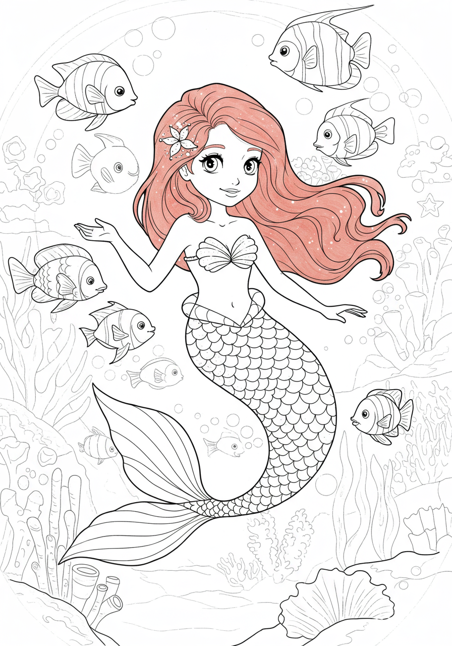 A beautiful young mermaid with long flowing red hair and a sparkly tail swimming with tropical fish