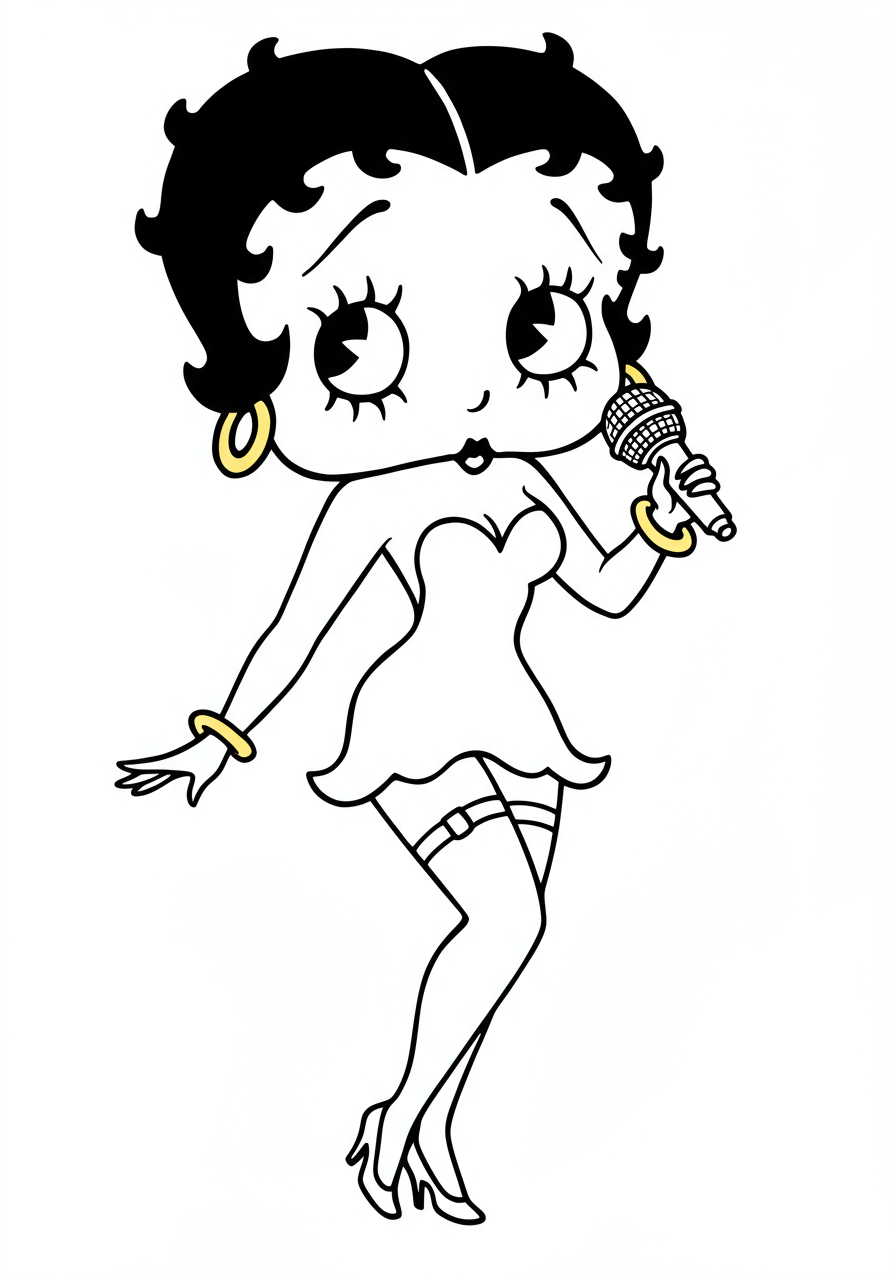 Free printable Betty Boop singing jazz coloring page for kids, featuring the classic cartoon character with a microphone and musical notes on an easy design.