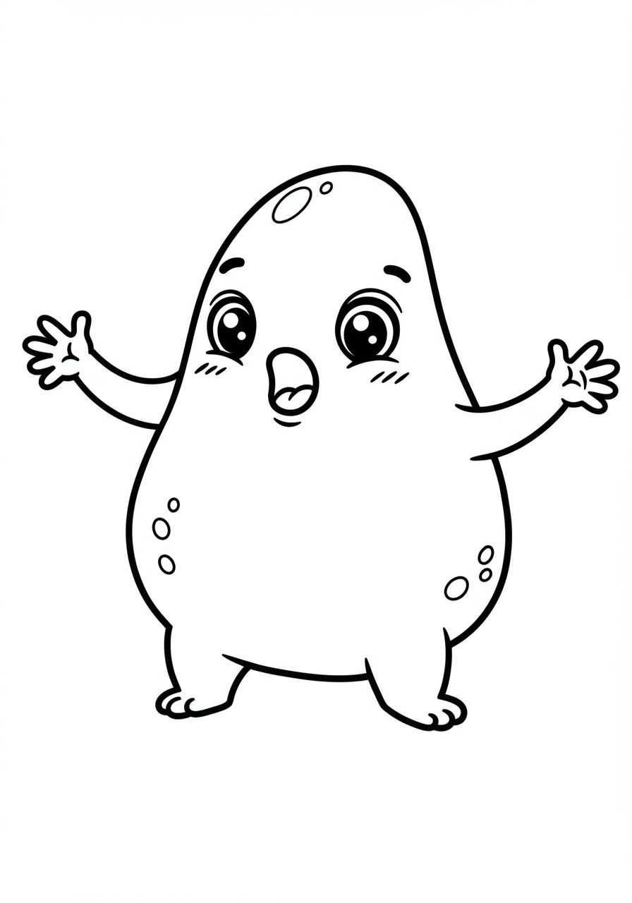 Free printable Bouncing Blob Giggling Fun coloring page for kids, featuring a happy, round cartoon blob bouncing with a big smile, easy difficulty.